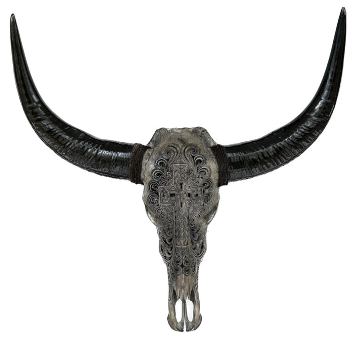 Sacred Cross Carved Bull Skull