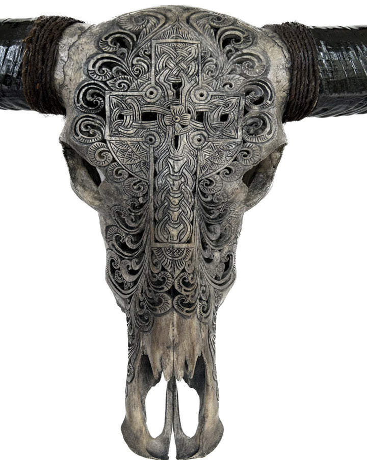 Sacred Cross Carved Bull Skull