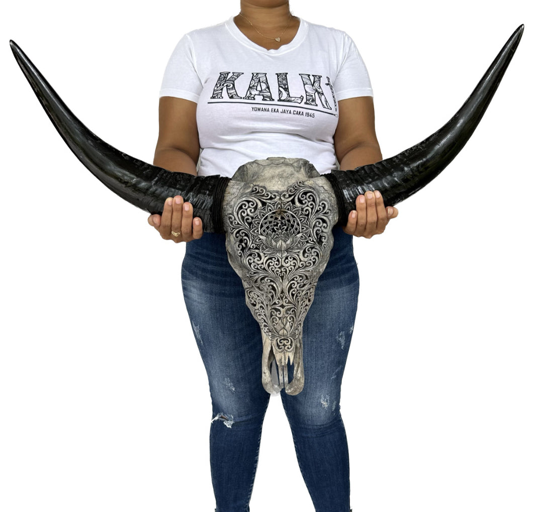 Lotus Mandala Carved Bull Skull