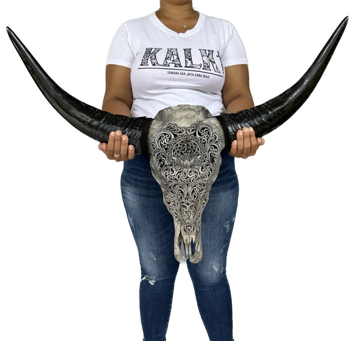 Lotus Mandala Carved Bull Skull