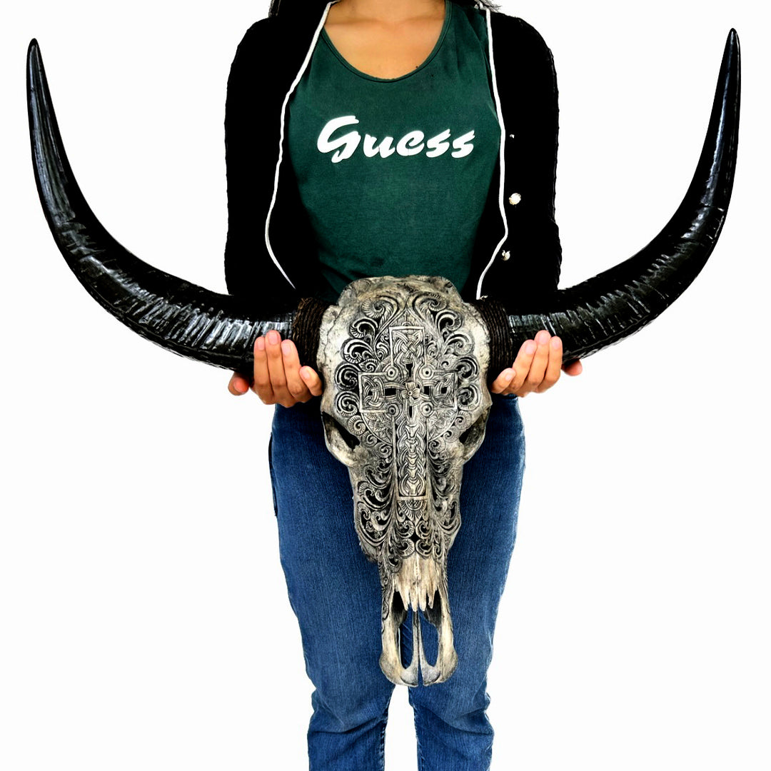 Sacred Cross Carved Bull Skull
