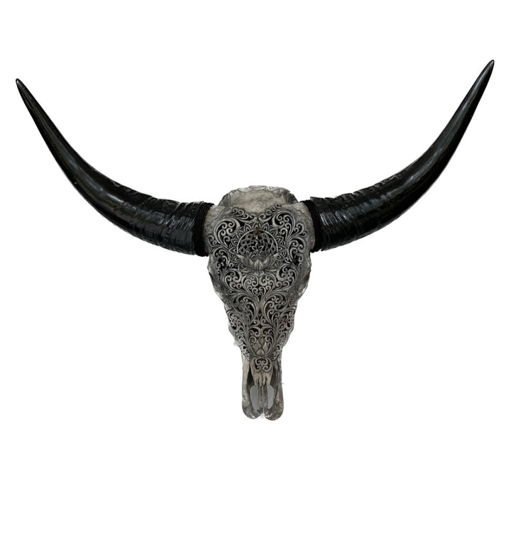 Lotus Mandala Carved Bull Skull