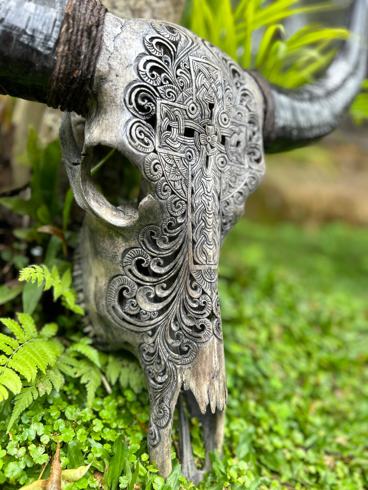 Sacred Cross Carved Bull Skull
