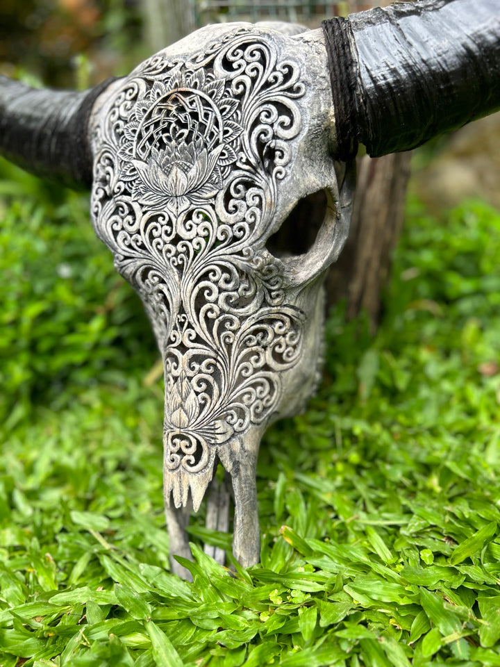 Lotus Mandala Carved Bull Skull