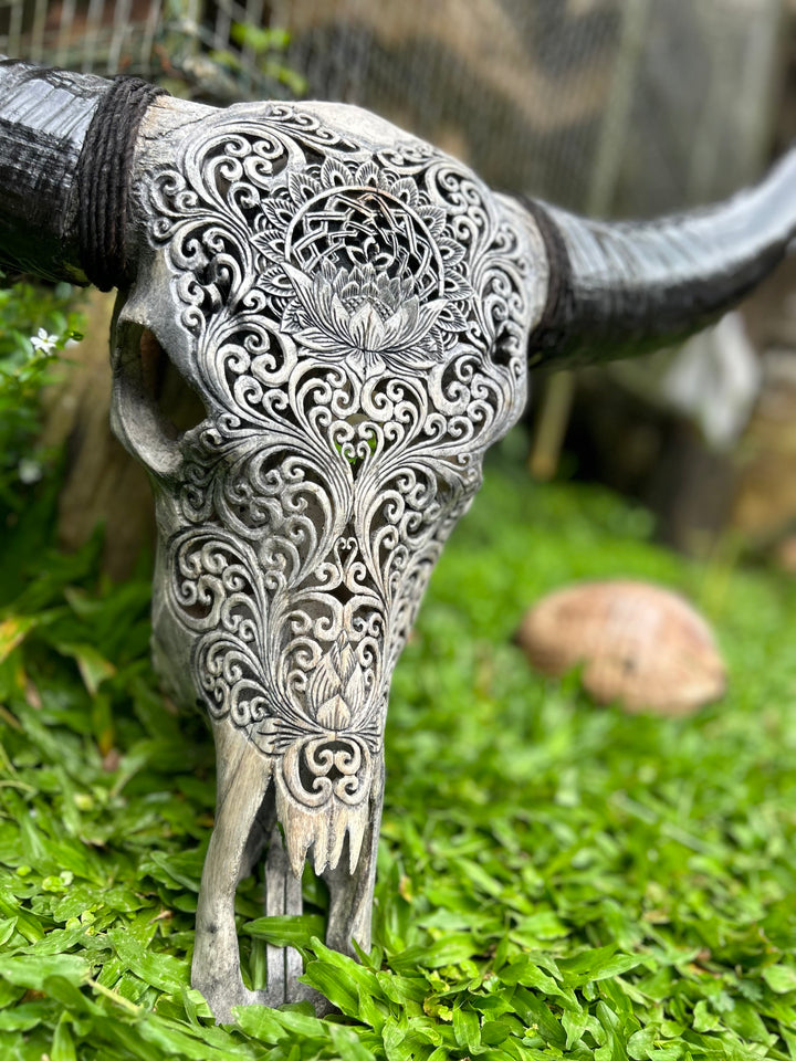 Lotus Mandala Carved Bull Skull