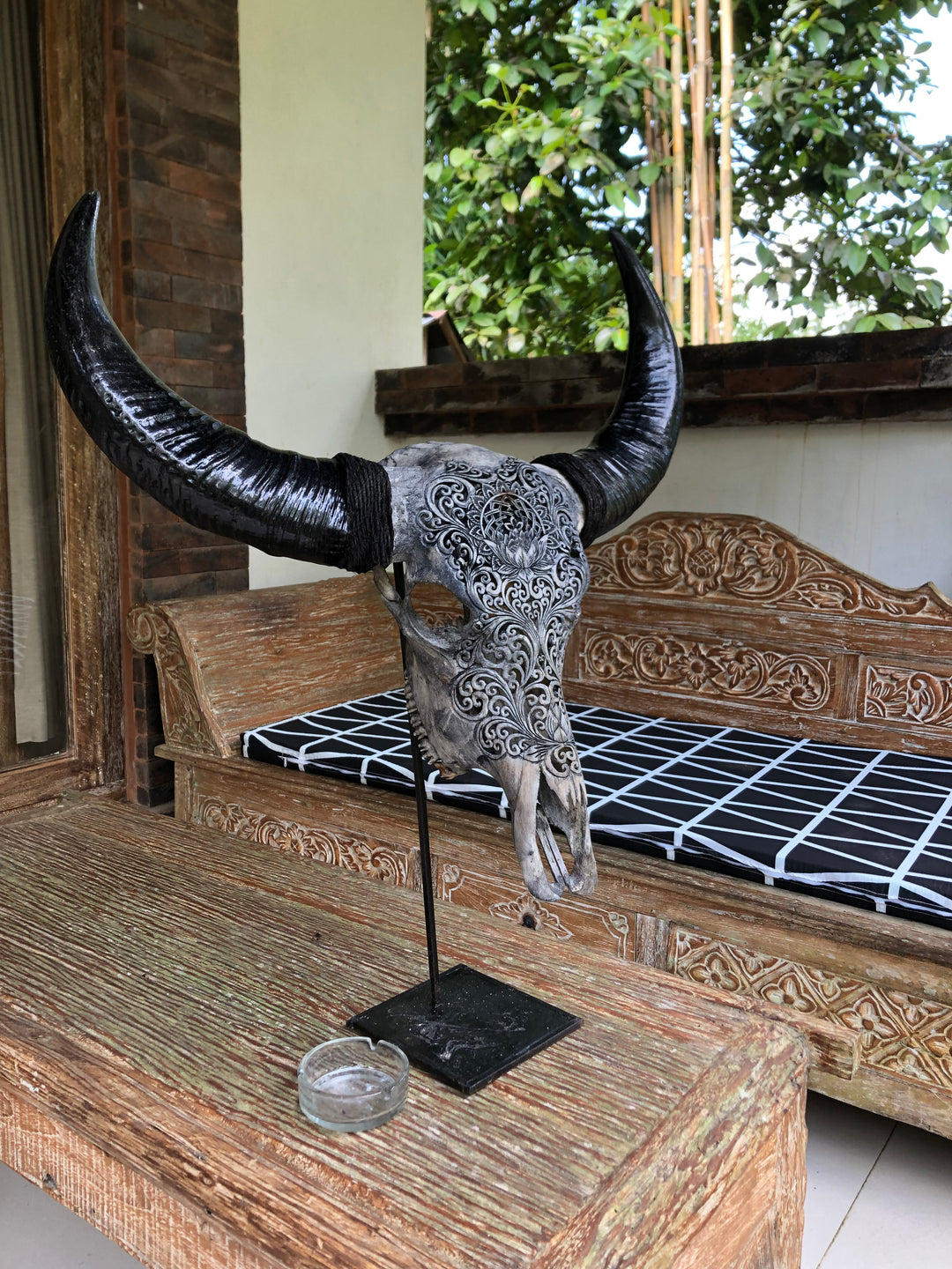 Lotus Mandala Carved Bull Skull