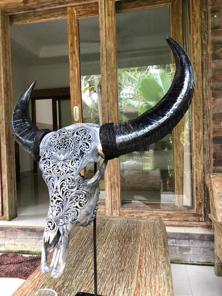 Lotus Mandala Carved Bull Skull