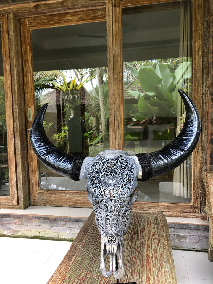 Lotus Mandala Carved Bull Skull