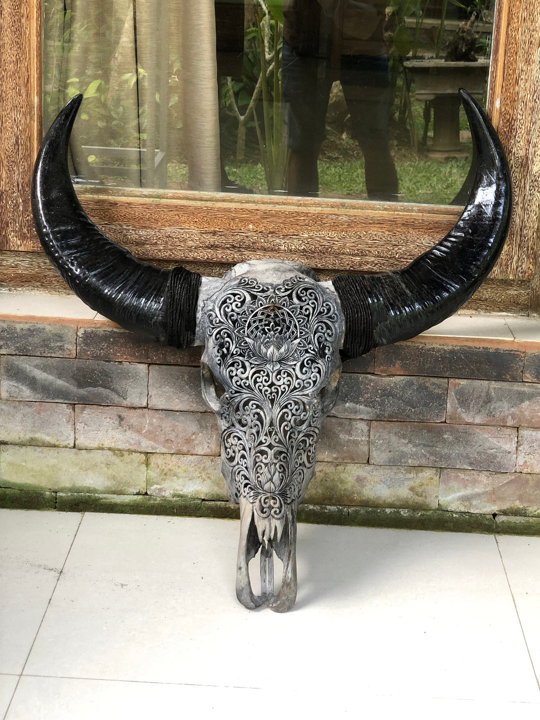 Lotus Mandala Carved Bull Skull