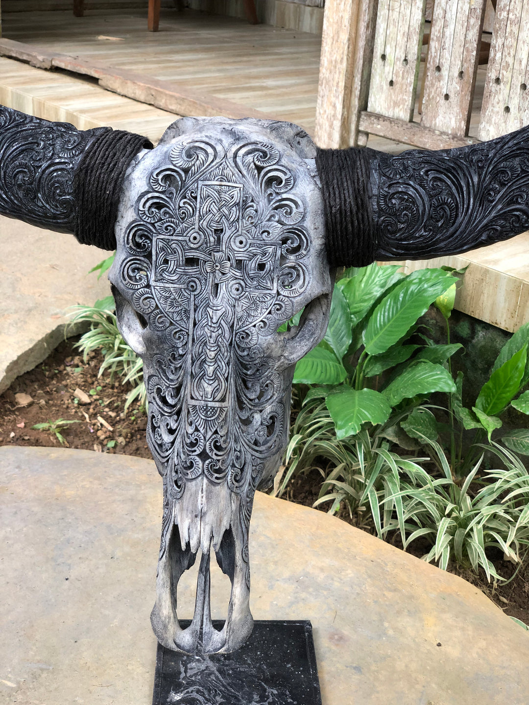 Sacred Cross Carved Bull Skull