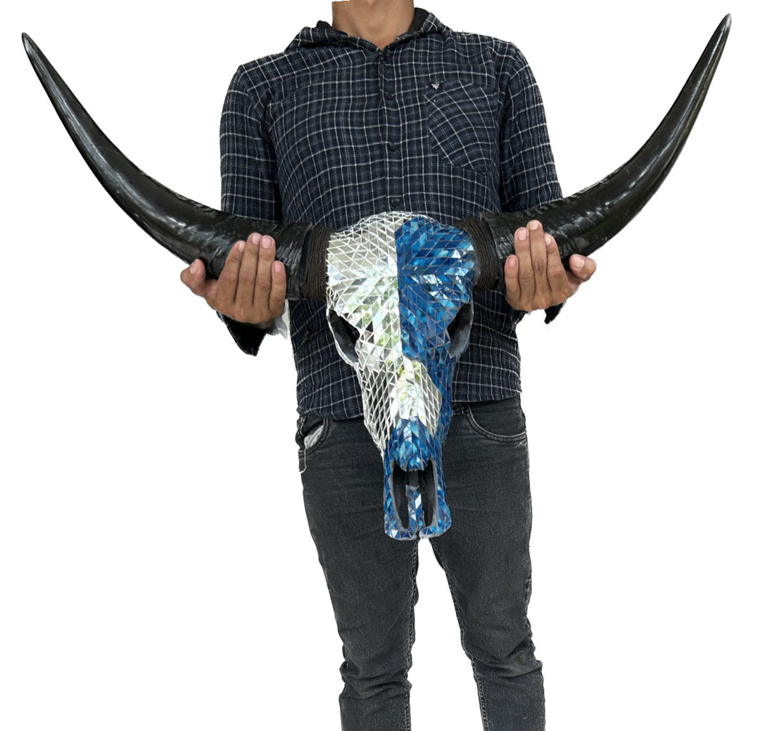 Blue Frost Mosaic Cow Skull