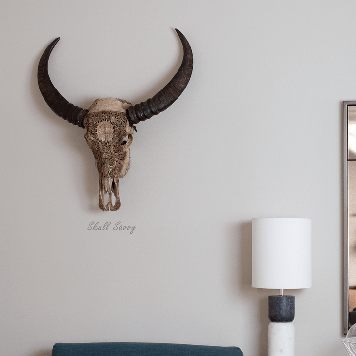 Lotus Evolve Antique Buffalo Carved Skull