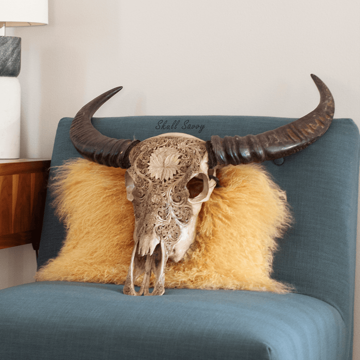 Lotus Evolve Antique Buffalo Carved Skull