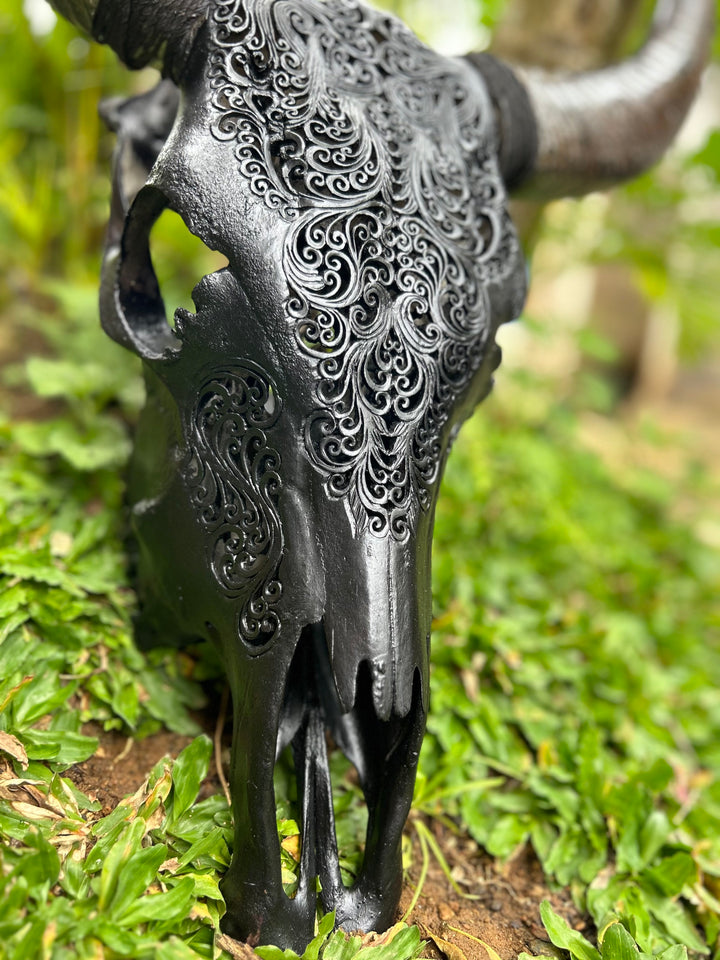 Black Tora Design Cow Carved Skull
