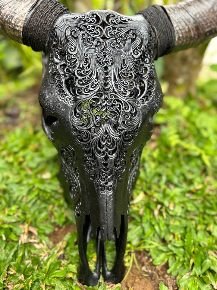 Black Tora Design Cow Carved Skull