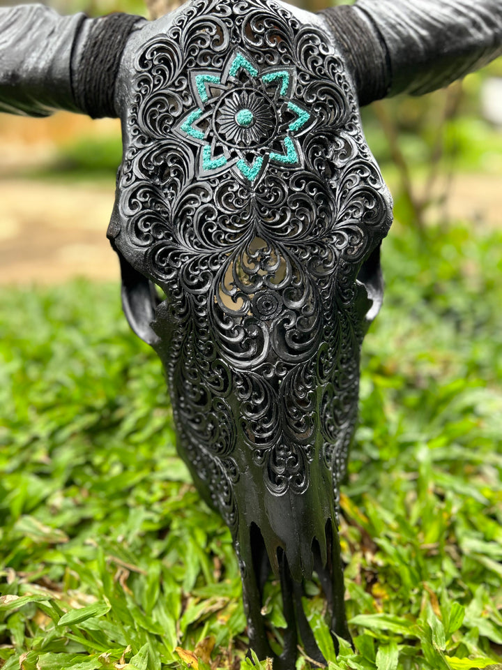 Black Glowing Mandala Cow Skull