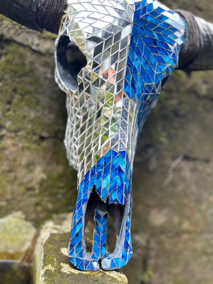 Blue Frost Mosaic Cow Skull