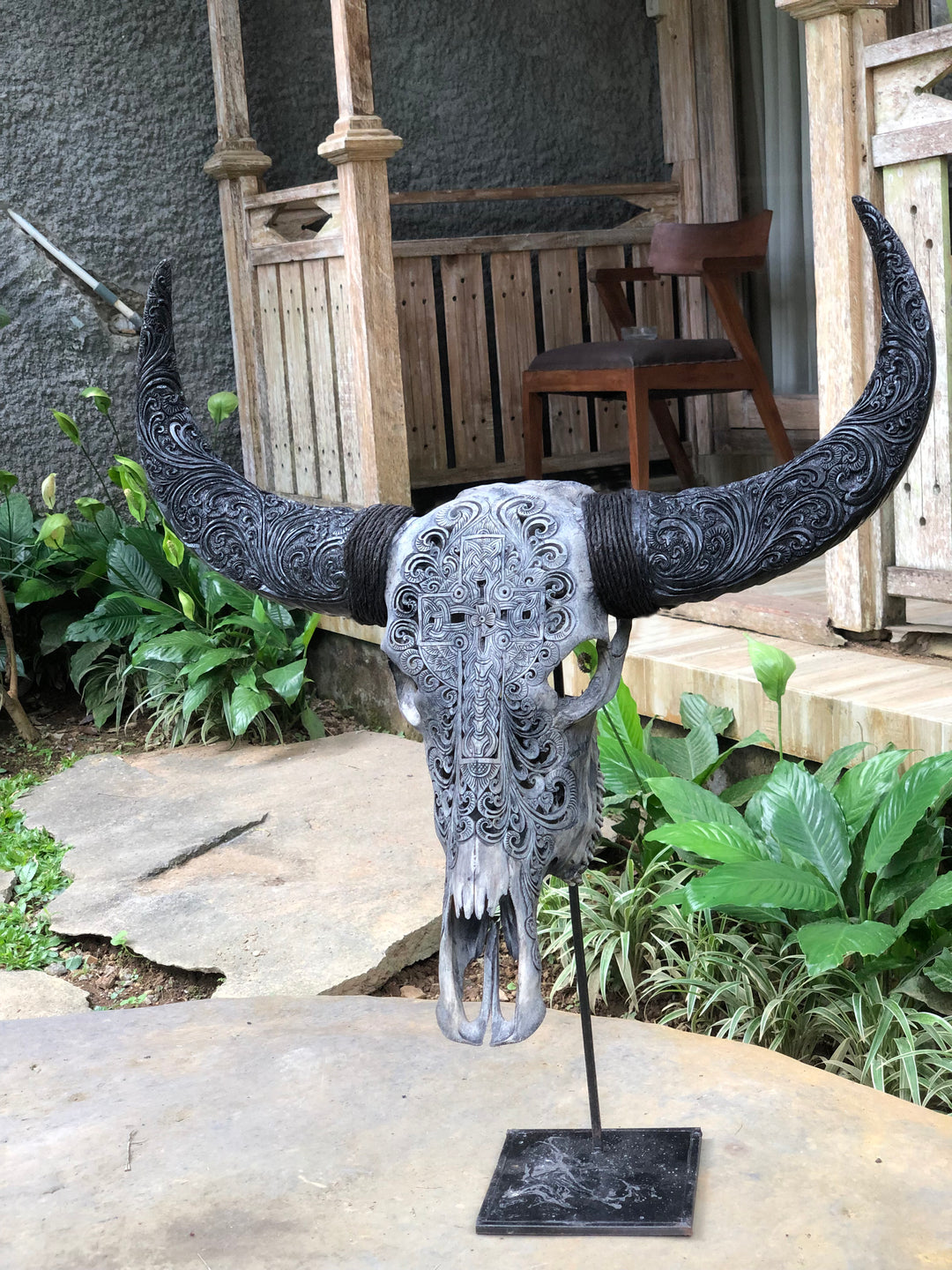 Sacred Cross Carved Bull Skull