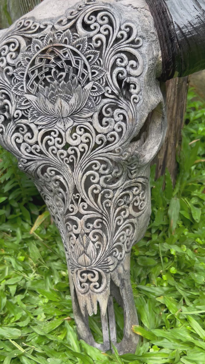 Lotus Mandala Carved Bull Skull