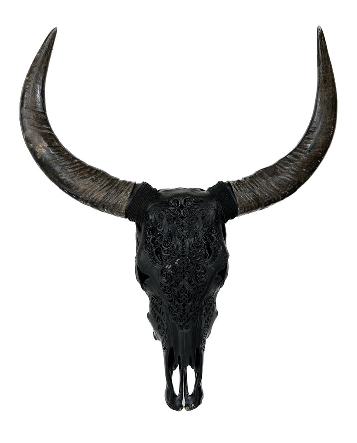 Black Tora Design Cow Carved Skull