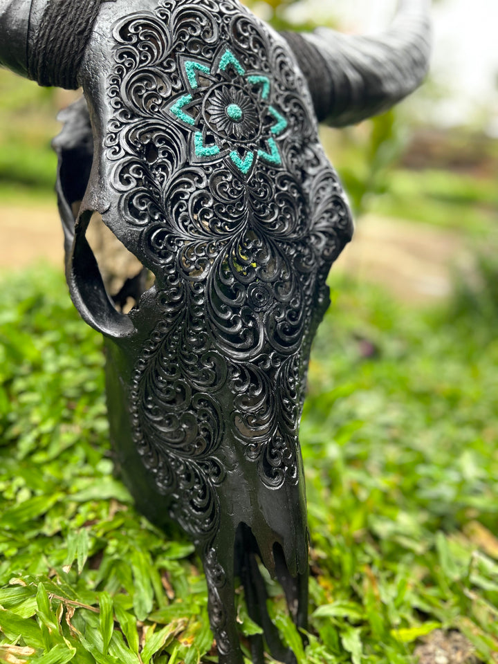 Black Glowing Mandala Cow Skull