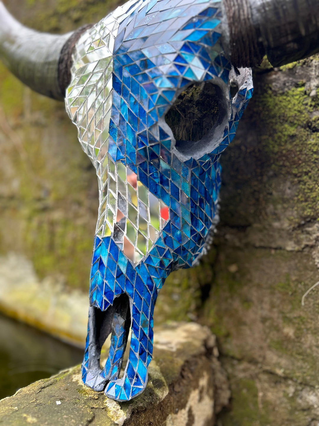 Blue Frost Mosaic Cow Skull